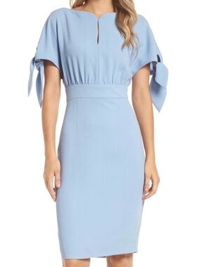 Lela Rose Elegant Light Blue Sheath Wool Dress with Tie Sleeve Detail. Size 8.